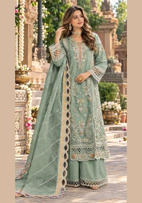 Olive Embroidered Chiffon Kurta Set