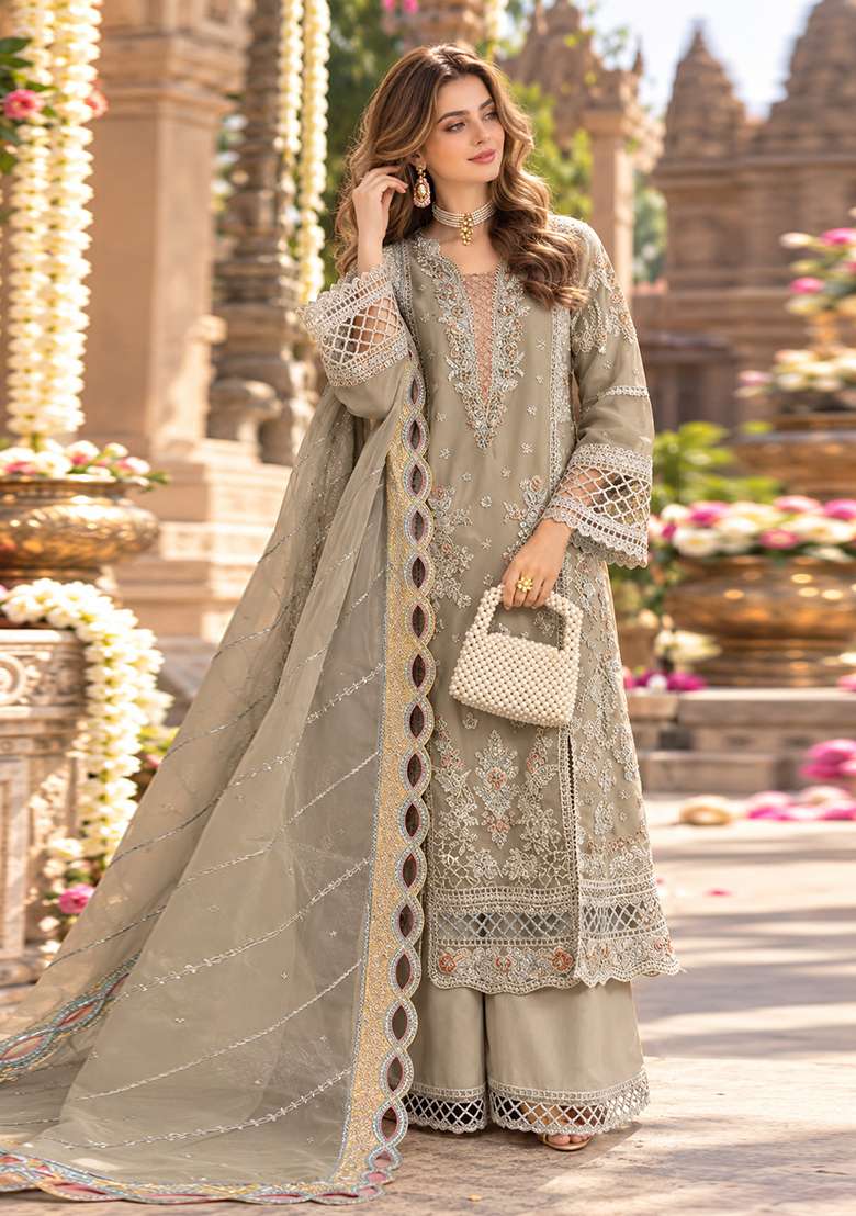 Beige Embroidered Chiffon Kurta Set - Indya