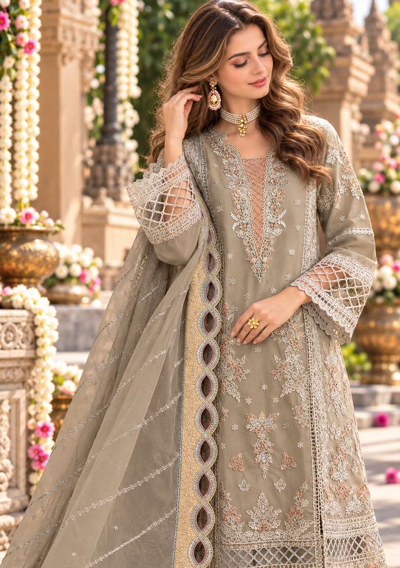 Beige Embroidered Chiffon Kurta Set - Indya