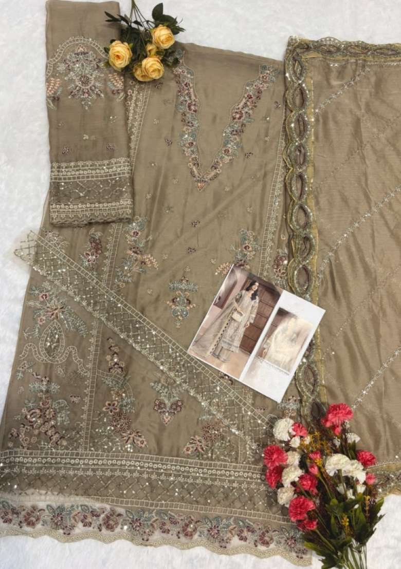 Beige Embroidered Chiffon Kurta Set - Indya