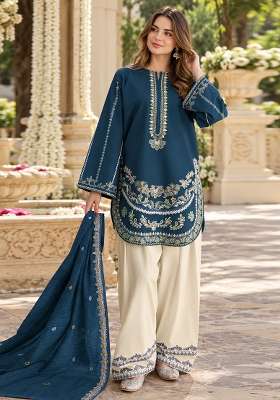 Navy Blue Embroidered Silk Kurta Set