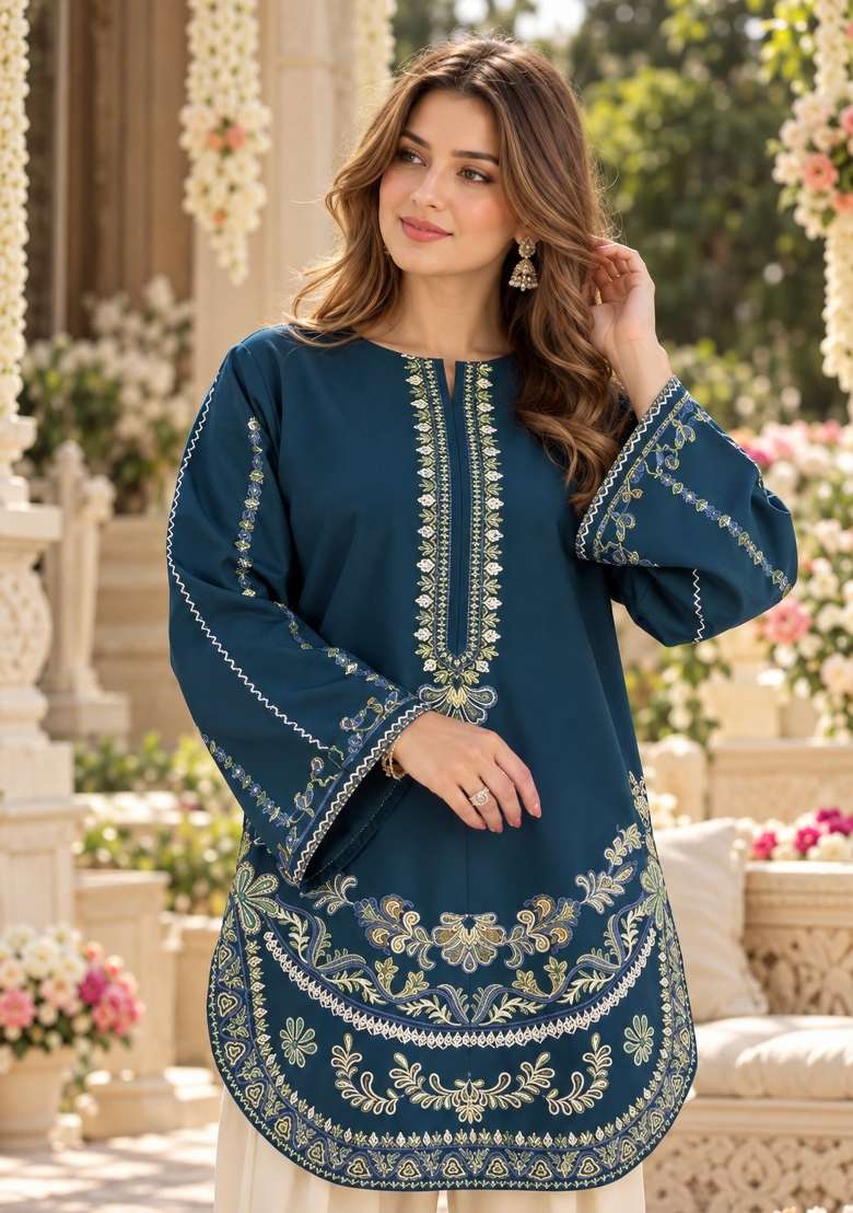 Navy Blue Embroidered Silk Kurta Set - Indya