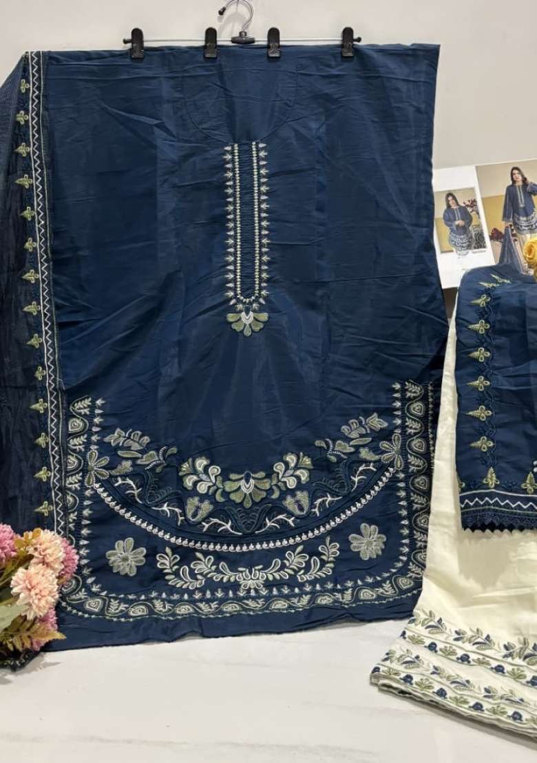 Navy Blue Embroidered Silk Kurta Set - Indya