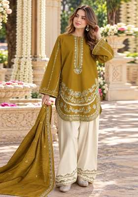 Mustard Embroidered Silk Kurta Set