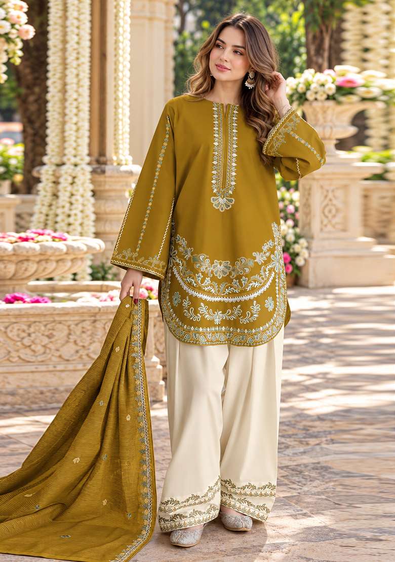 Mustard Embroidered Silk Kurta Set - Indya