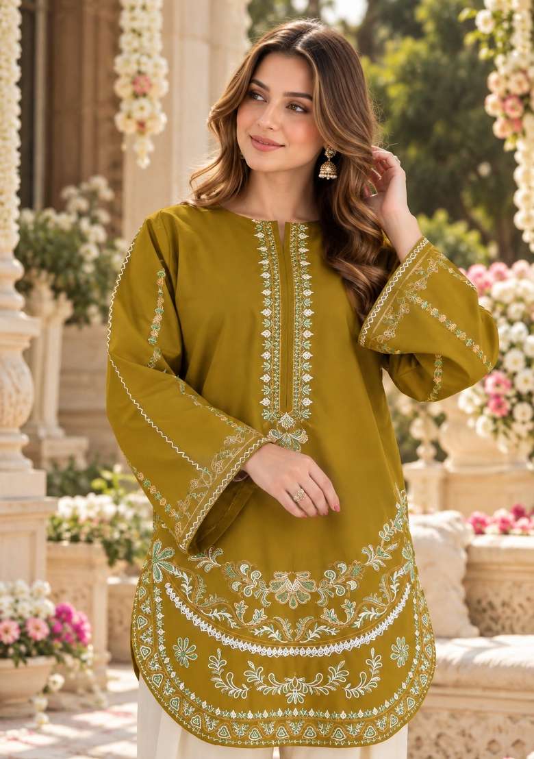Mustard Embroidered Silk Kurta Set - Indya