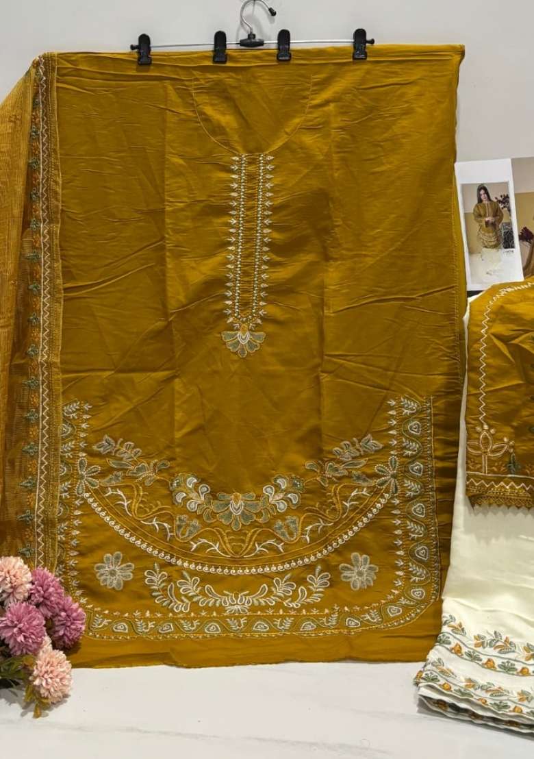 Mustard Embroidered Silk Kurta Set - Indya