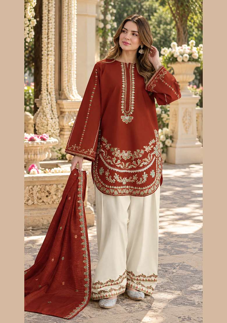 Red Embroidered Silk Kurta Set - Indya