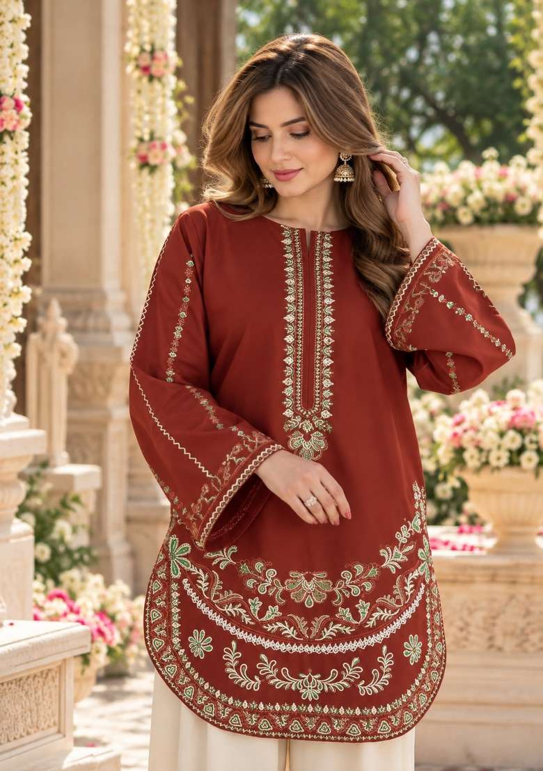 Red Embroidered Silk Kurta Set - Indya