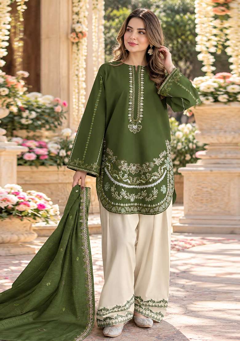 Green Embroidered Silk Kurta Set - Indya