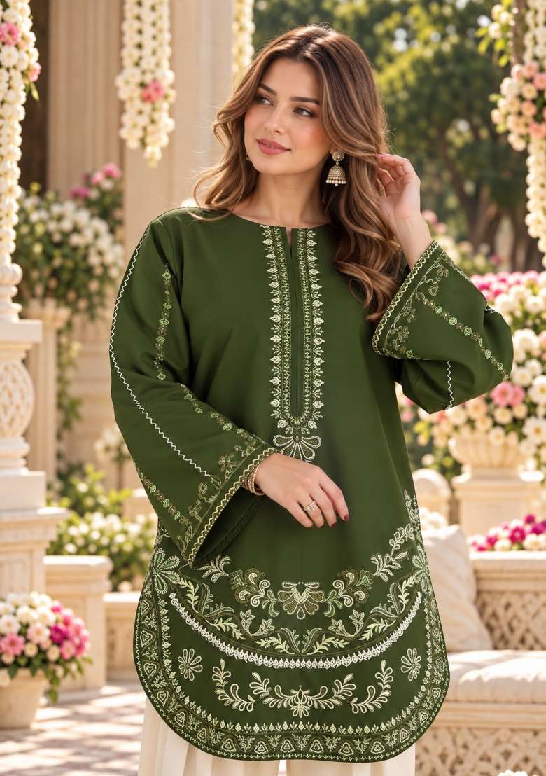 Green Embroidered Silk Kurta Set - Indya