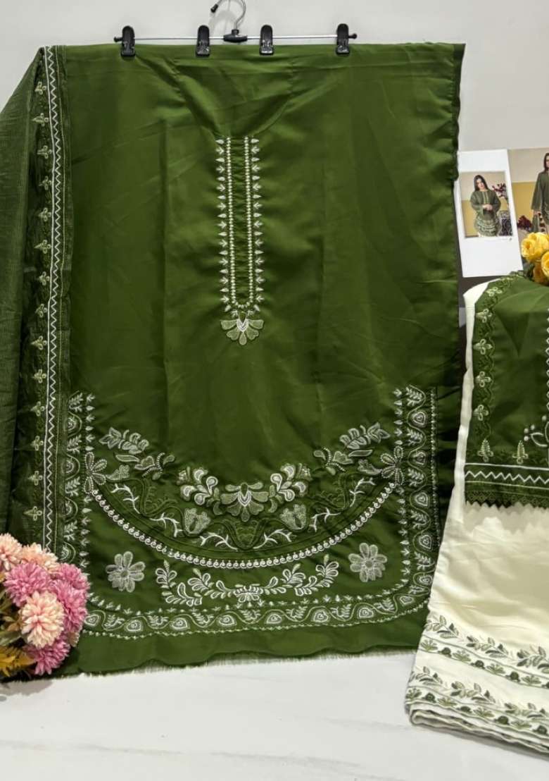 Green Embroidered Silk Kurta Set - Indya