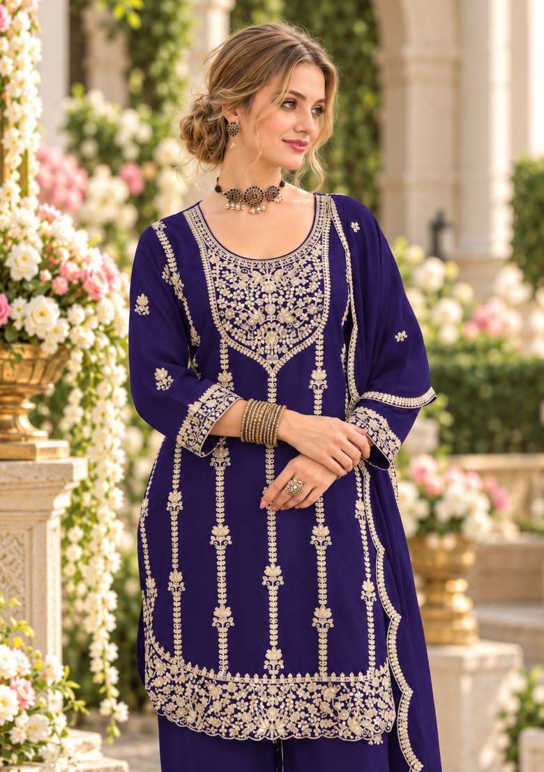 Royal Blue Embroidered Silk Kurta Set - Indya