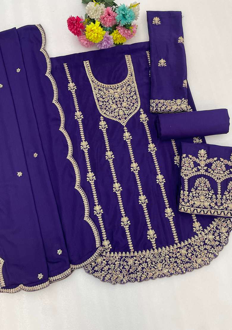 Royal Blue Embroidered Silk Kurta Set - Indya