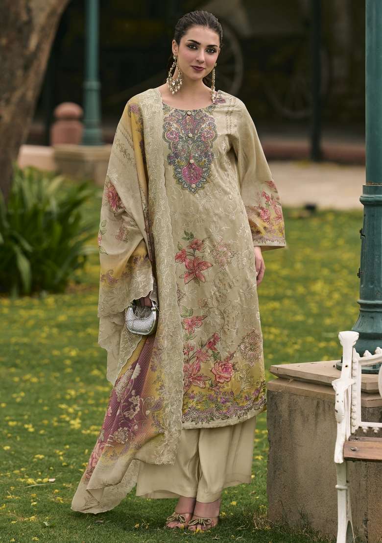 Cream Printed Cotton Kurta Set - Indya