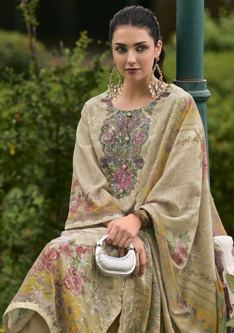 Cream Printed Cotton Kurta Set - Indya