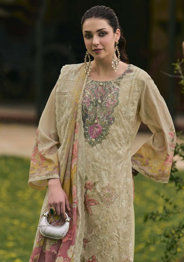 Cream Printed Cotton Kurta Set - Indya