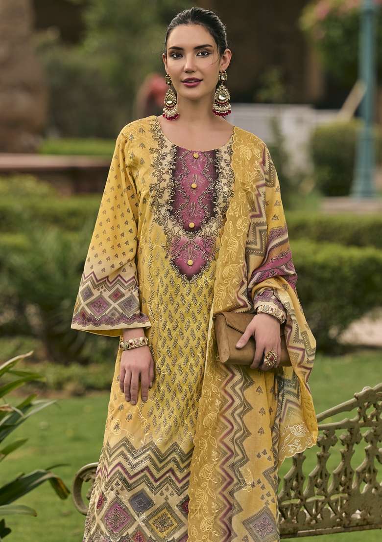 Yellow Printed Cotton Kurta Set - Indya