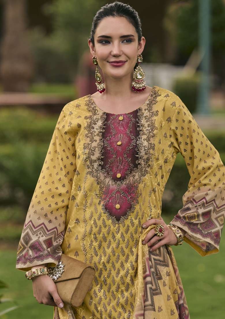 Yellow Printed Cotton Kurta Set - Indya