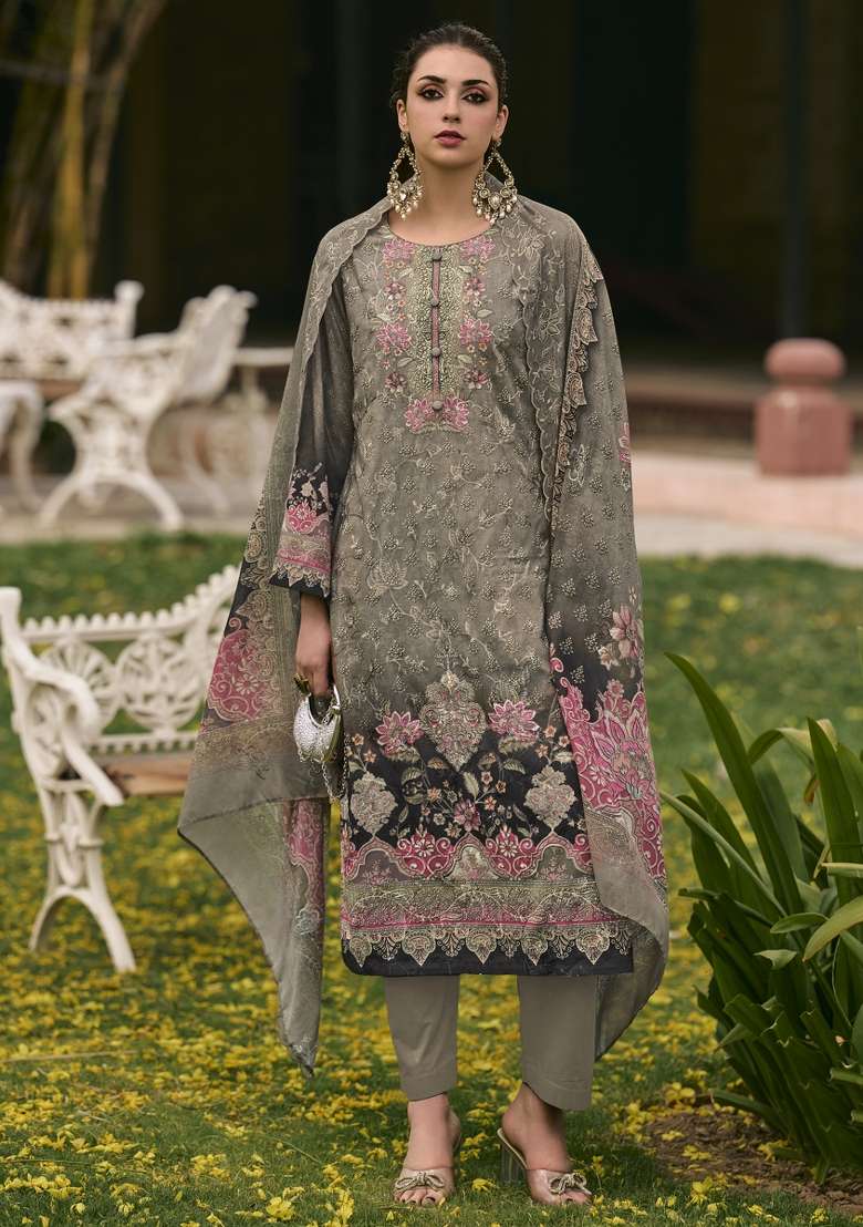 Grey Printed Cotton Kurta Set - Indya