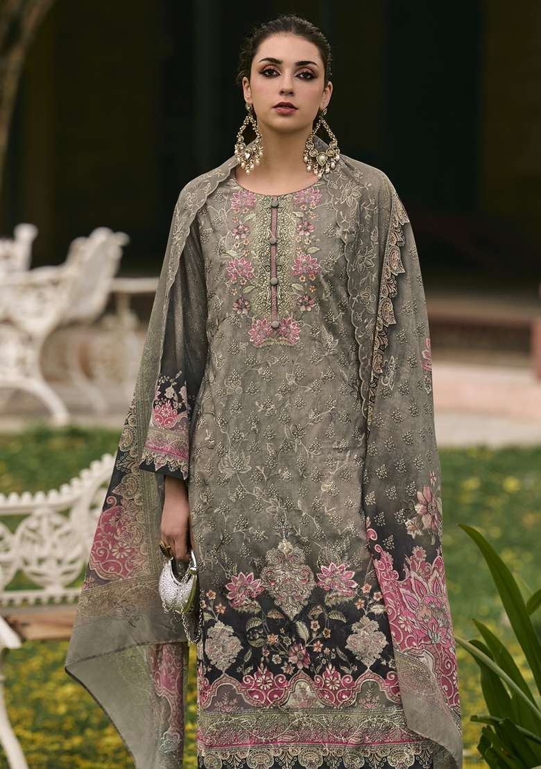 Grey Printed Cotton Kurta Set - Indya