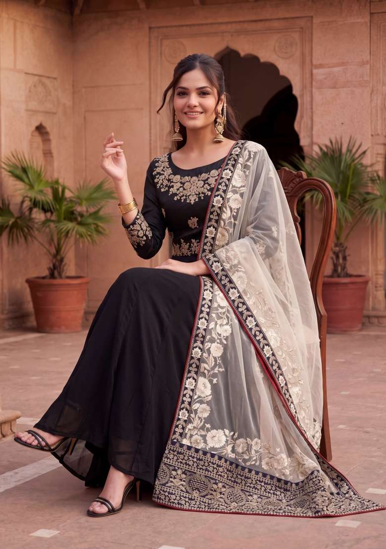 Black Embroidered Georgette Kurta Set - Indya