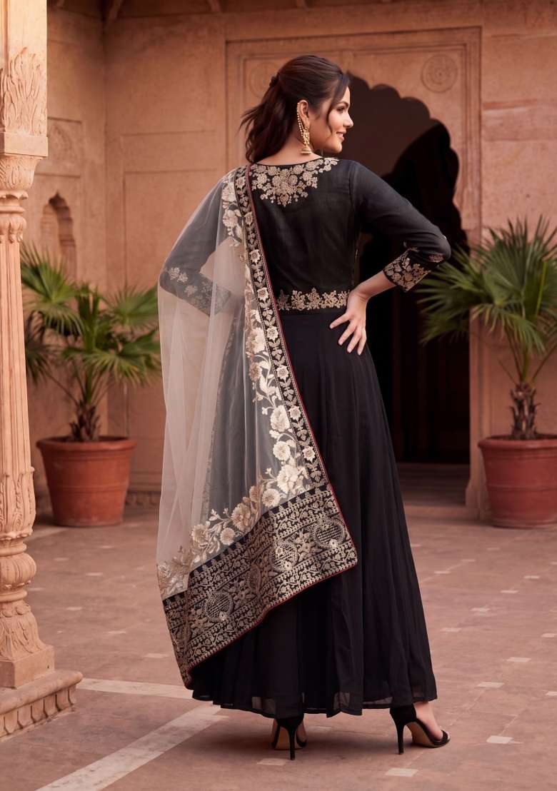 Black Embroidered Georgette Kurta Set - Indya