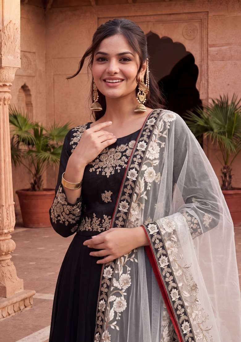 Black Embroidered Georgette Kurta Set - Indya
