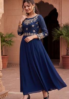 Blue Embroidered Georgette Kurta Set