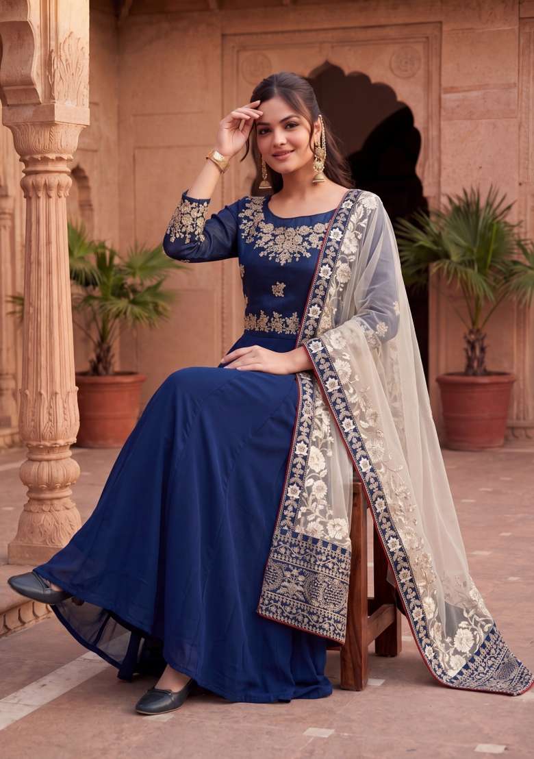 Blue Embroidered Georgette Kurta Set - Indya
