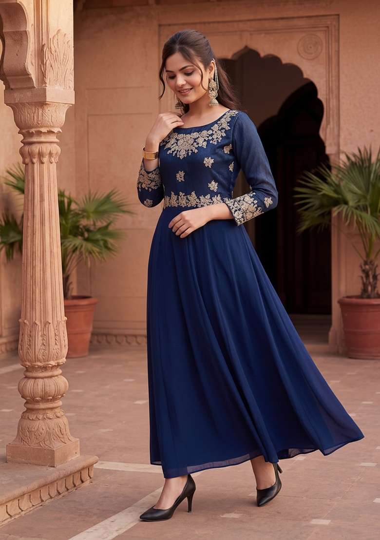 Blue Embroidered Georgette Kurta Set - Indya