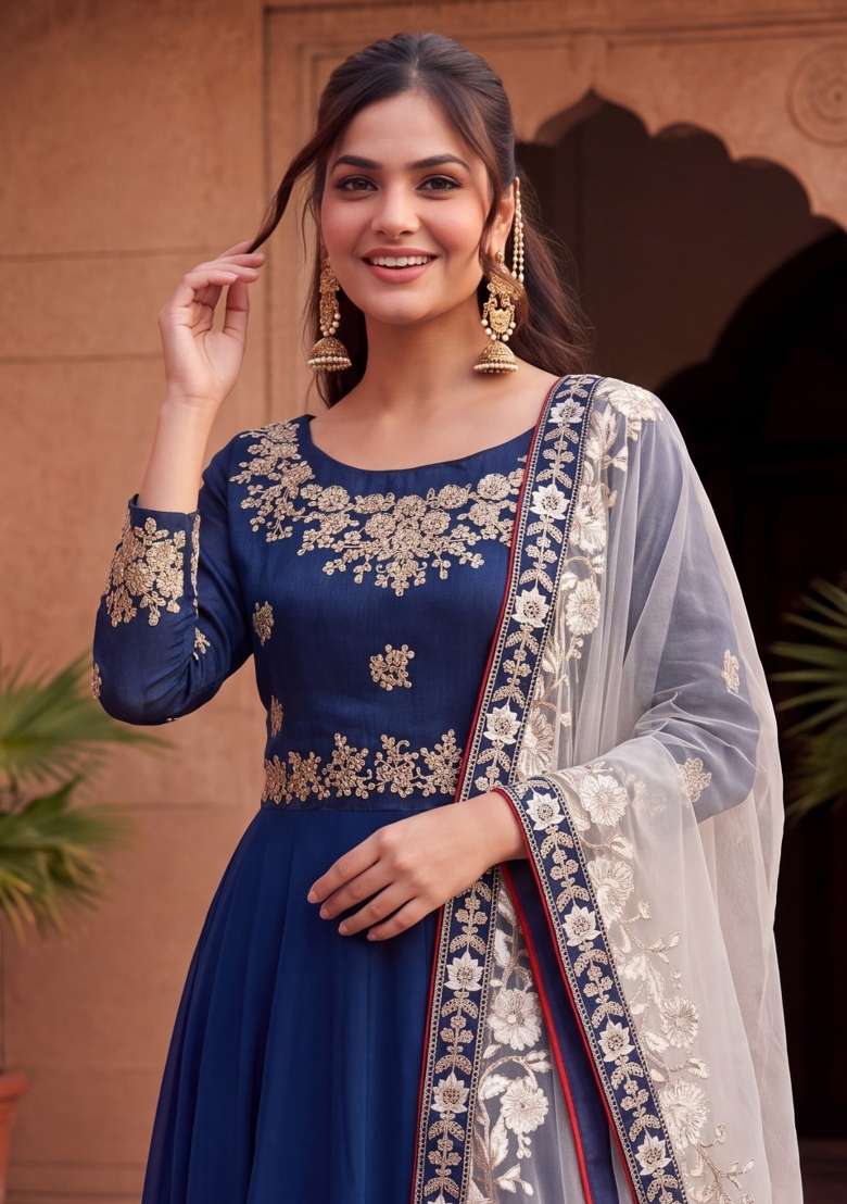 Blue Embroidered Georgette Kurta Set - Indya