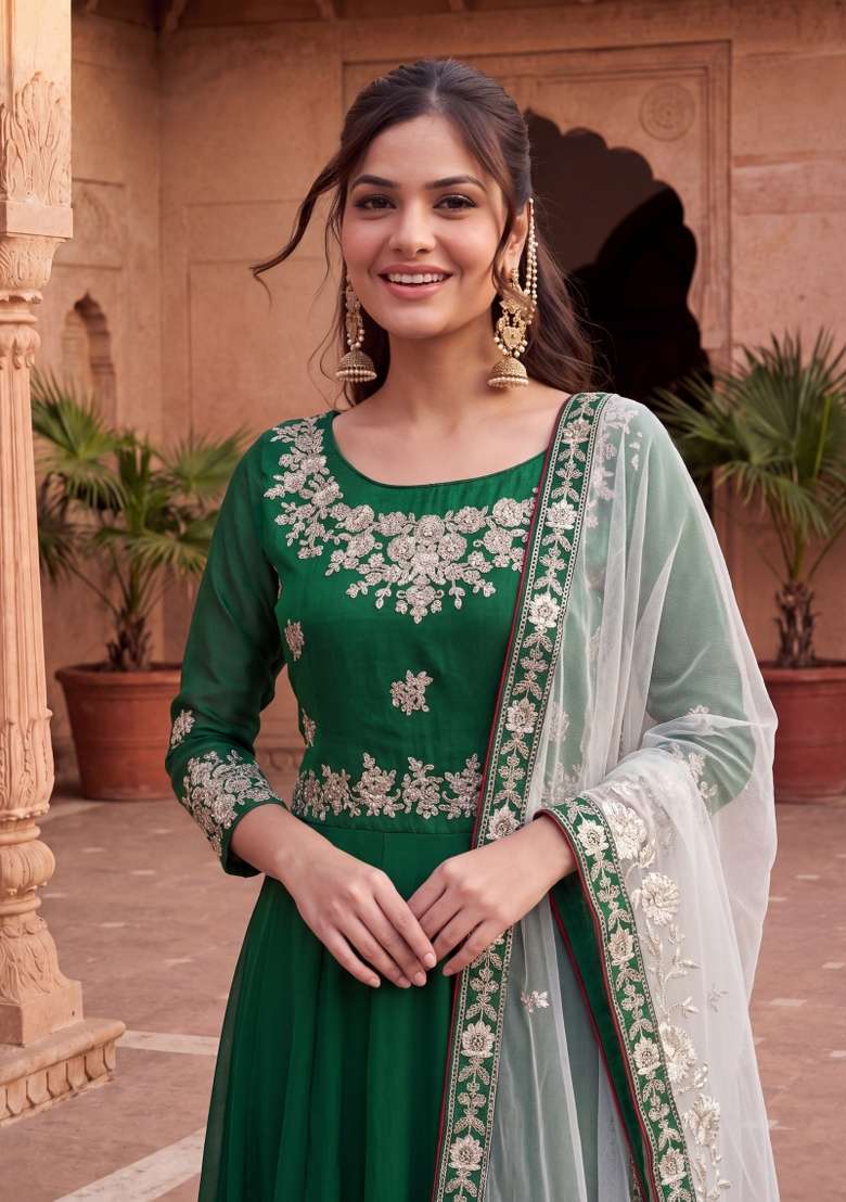 Green Embroidered Georgette Kurta Set - Indya