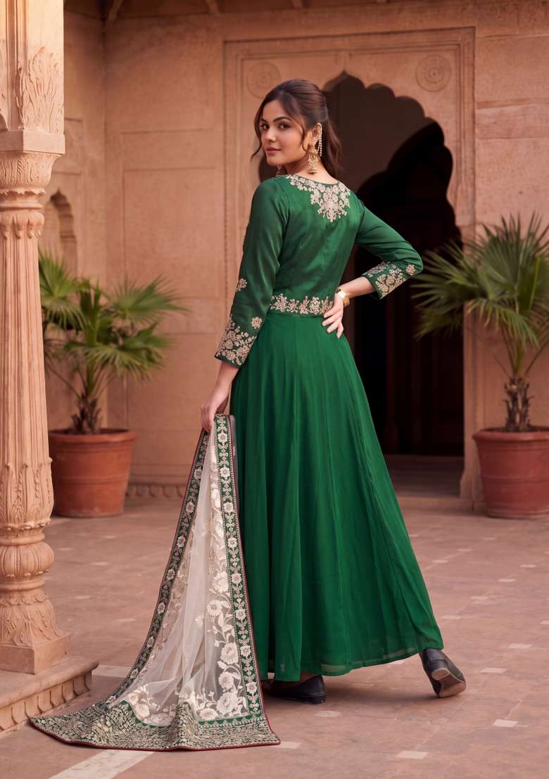 Green Embroidered Georgette Kurta Set - Indya