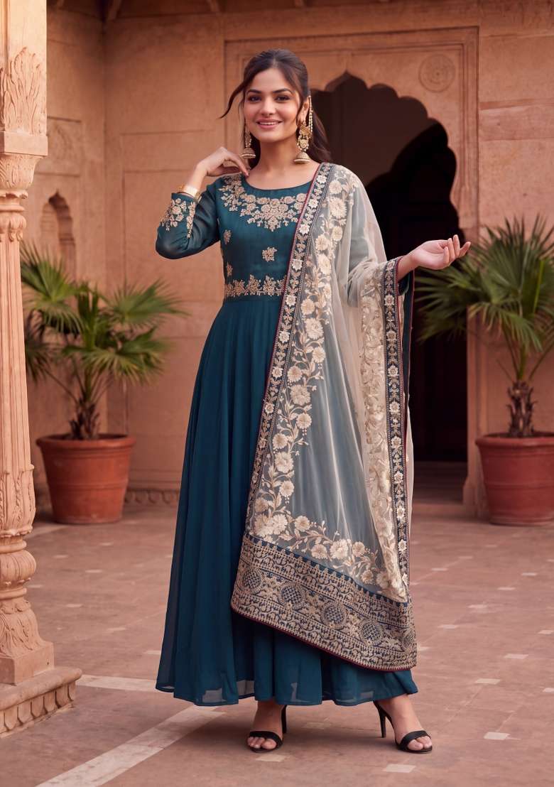 Rama Green Embroidered Georgette Kurta Set - Indya