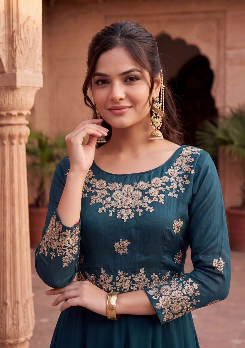Rama Green Embroidered Georgette Kurta Set - Indya