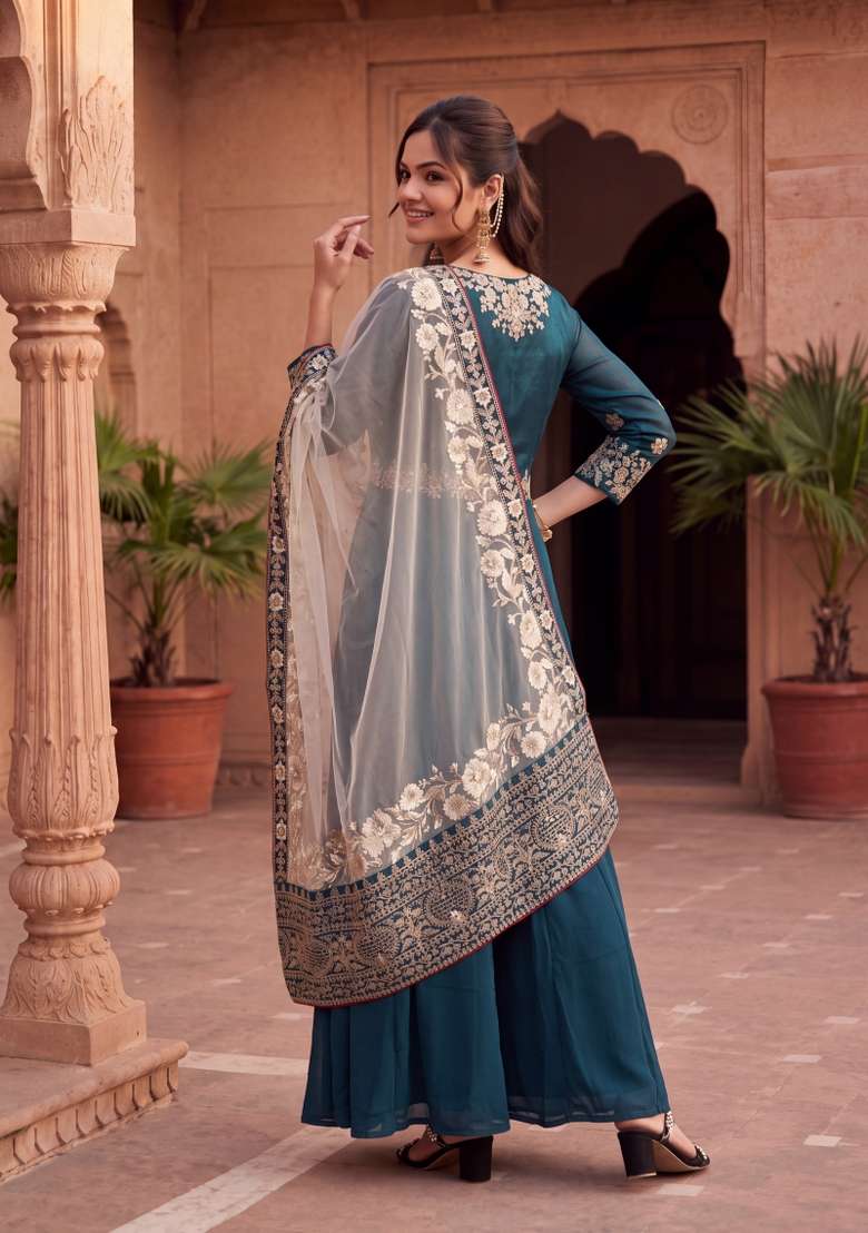 Rama Green Embroidered Georgette Kurta Set - Indya