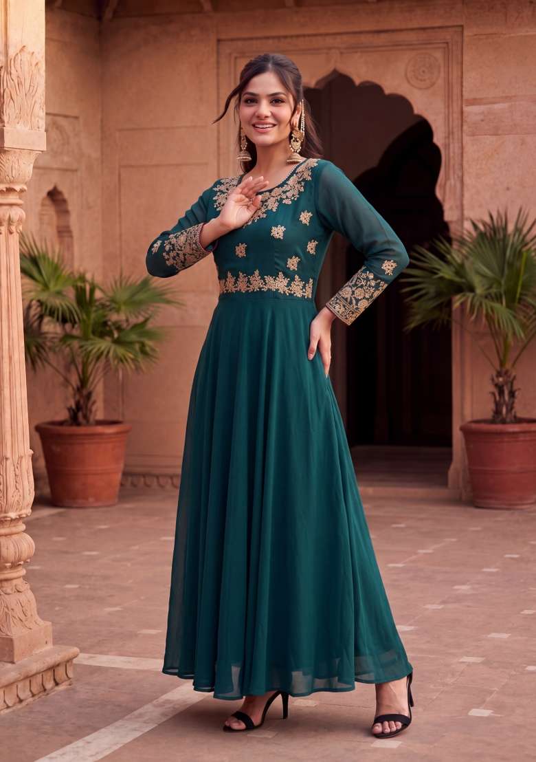 Rama Green Embroidered Georgette Kurta Set - Indya