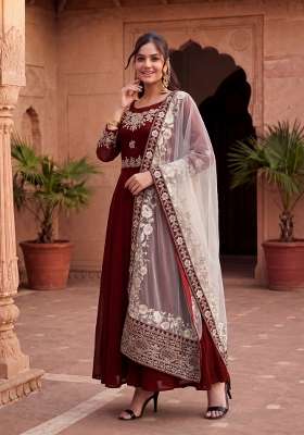 Red Embroidered Georgette Kurta Set