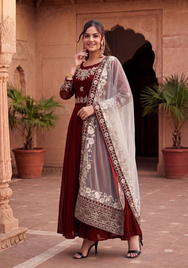 Red Embroidered Georgette Kurta Set - Indya