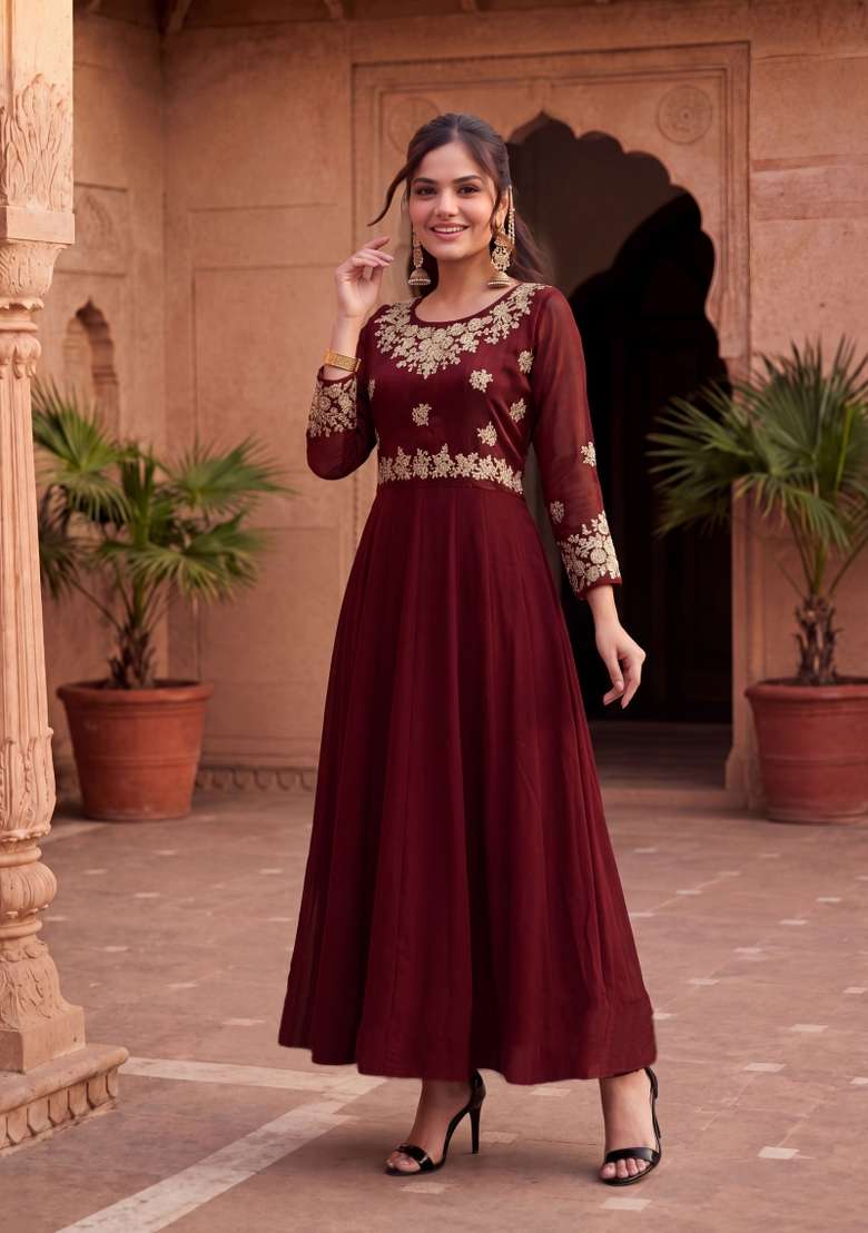 Red Embroidered Georgette Kurta Set - Indya