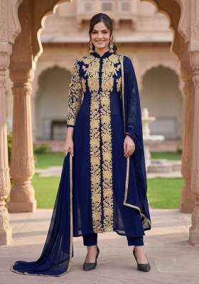 Blue Embroidered Georgette Kurta Set