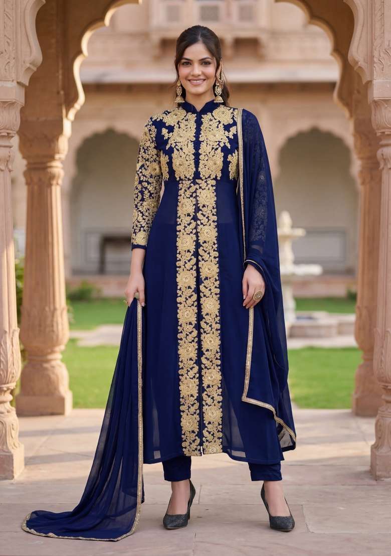 Blue Embroidered Georgette Kurta Set - Indya