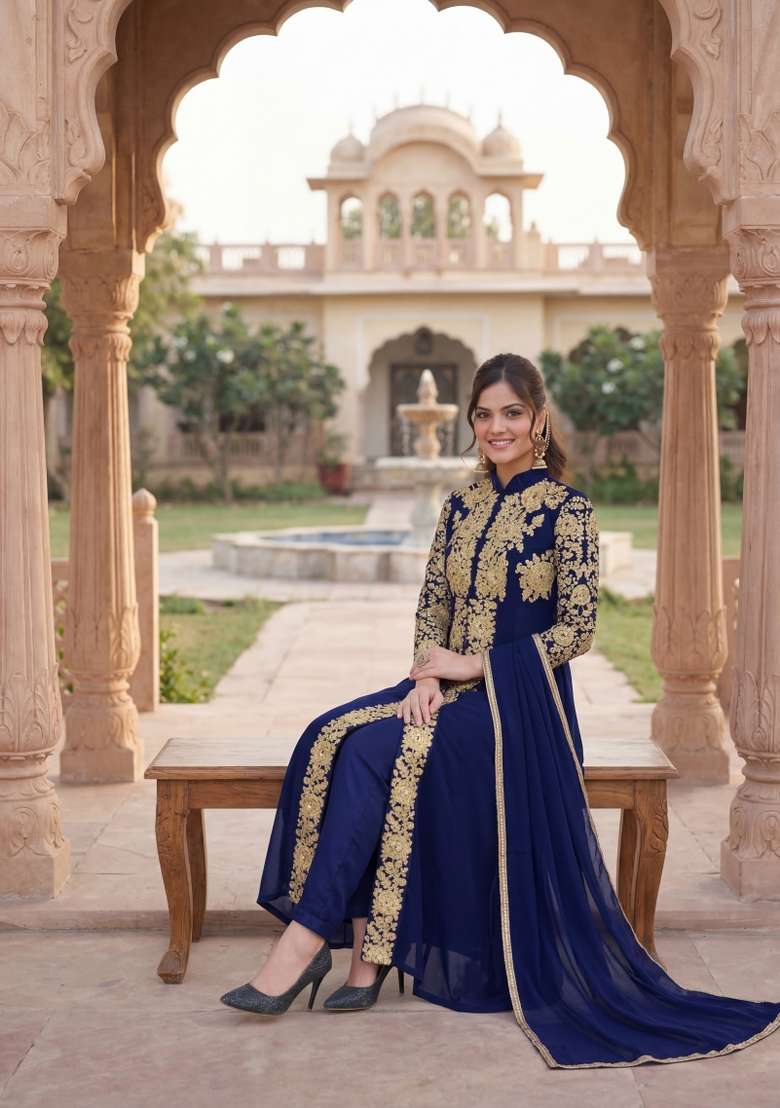 Blue Embroidered Georgette Kurta Set - Indya
