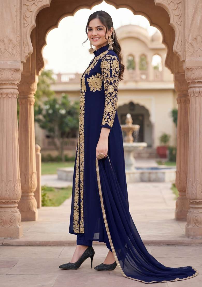 Blue Embroidered Georgette Kurta Set - Indya