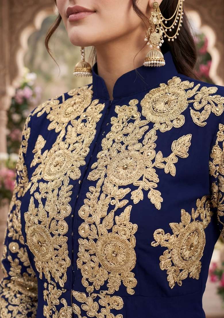 Blue Embroidered Georgette Kurta Set - Indya
