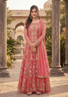 Dark Peach Embroidered Net Kurta Set