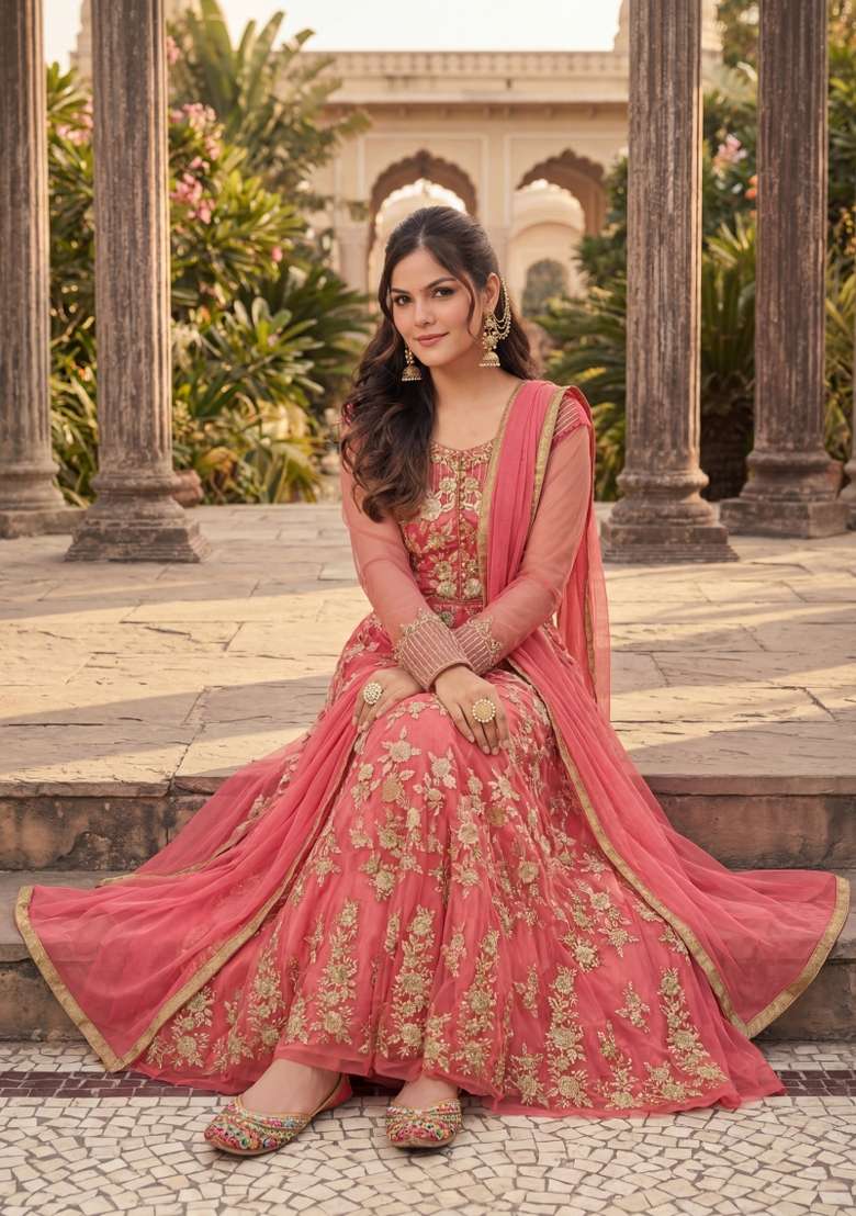 Dark Peach Embroidered Net Kurta Set - Indya