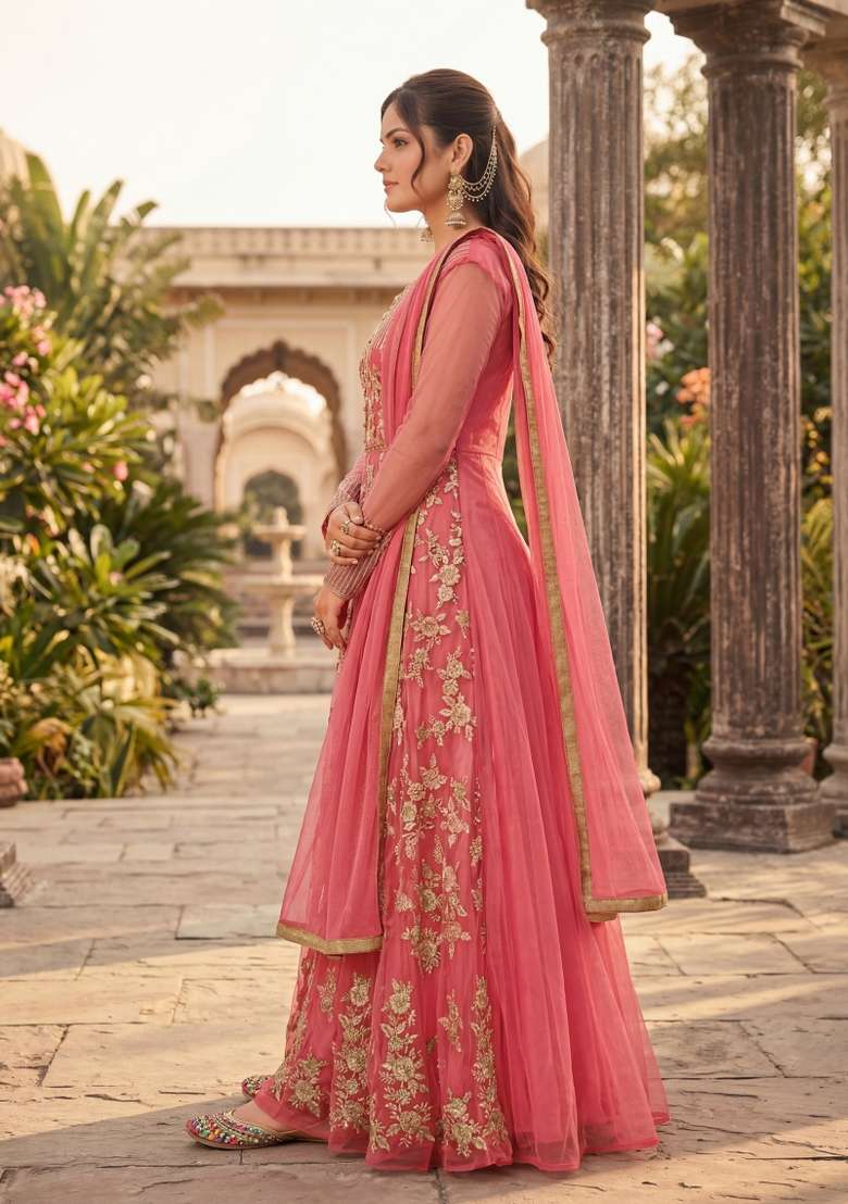 Dark Peach Embroidered Net Kurta Set - Indya