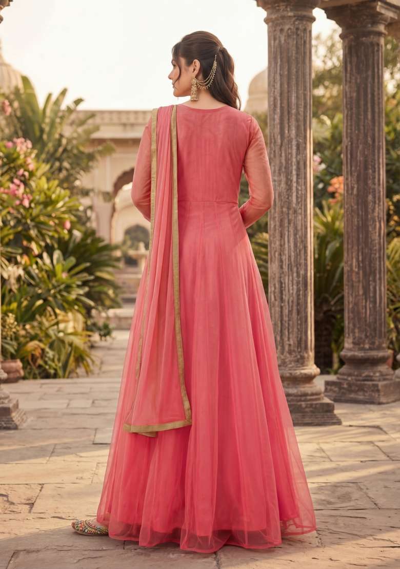 Dark Peach Embroidered Net Kurta Set - Indya